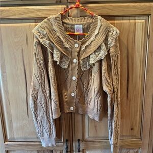 So Me Beige Lace-Trim Cable Knit Cardigan